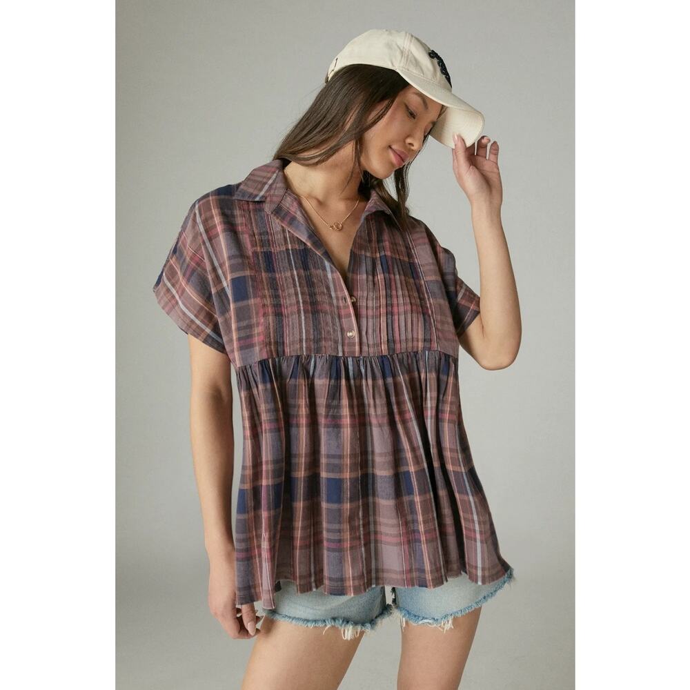 Lucky Brand babydoll peasant top plaid medium